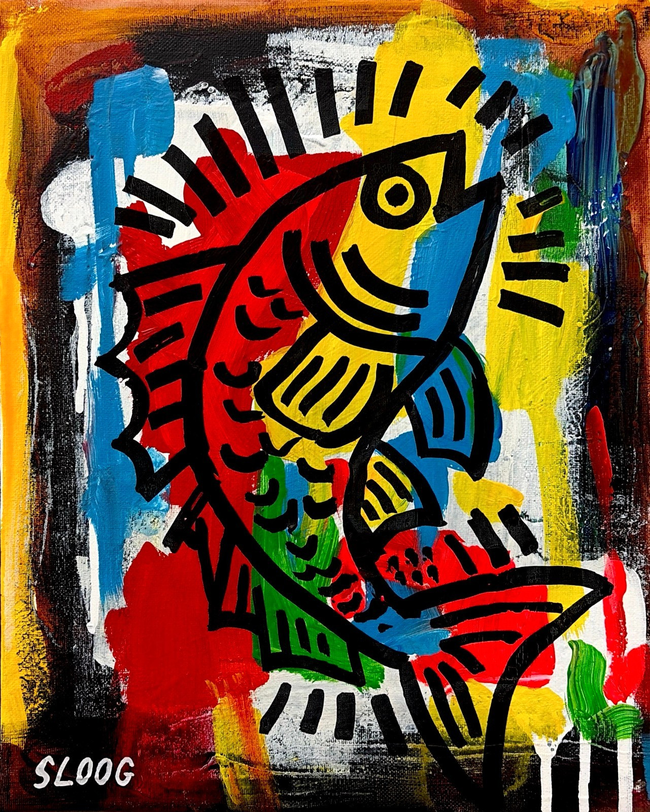Sloog Original Art Vibrant Energy Colorful Neo-Expressionism Painting 11×14 Fish
