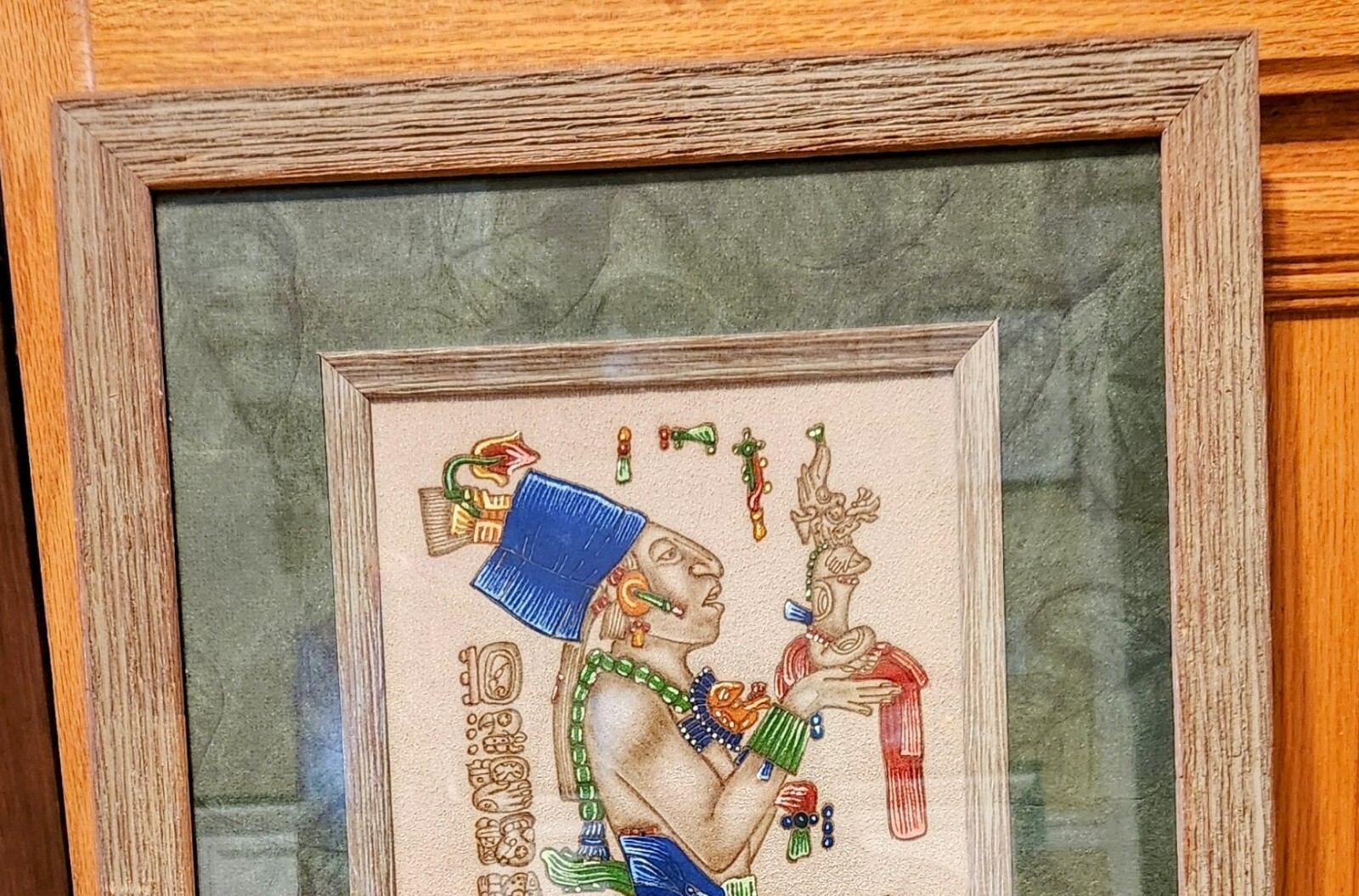 Custom Framed Mayan Pyrography Suede Leather Painting of Chan-Bahlum 16″ x 28″