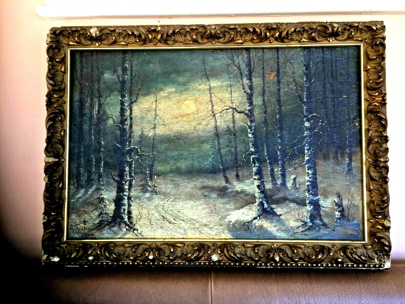 ANTIQUE 1935 RUSSIAN PAINTED PLAYWOOD PAINTING WINTER FOREST BY V.PANTELAIMONOV