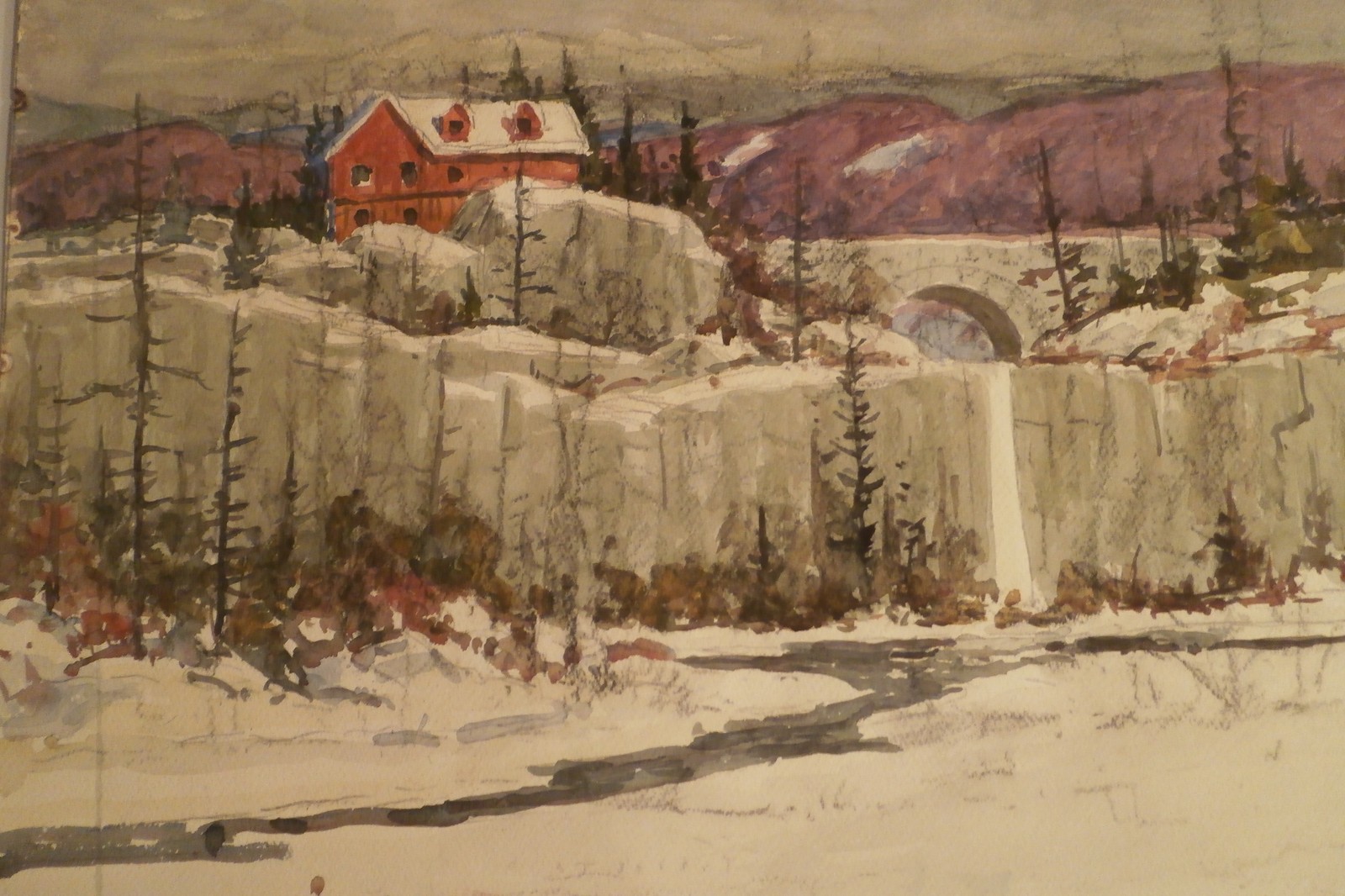 House,Bridge & Waterfall in Snow, Vermont-W/C Painting-1930s-Arthur Lingquist