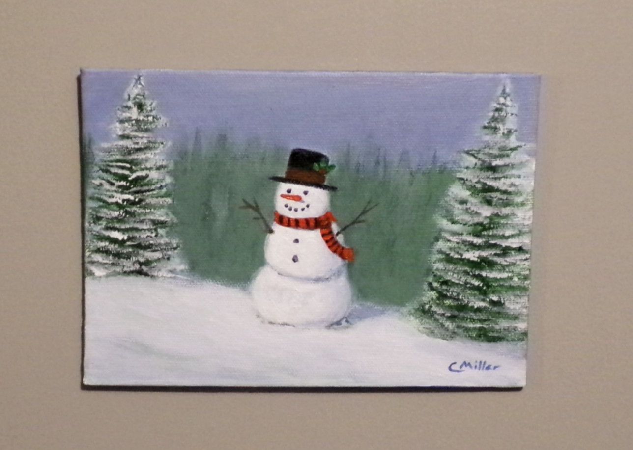 Original Painting Snowman Winter Christmas Landscape 5×7 Modern Wall Art Decor