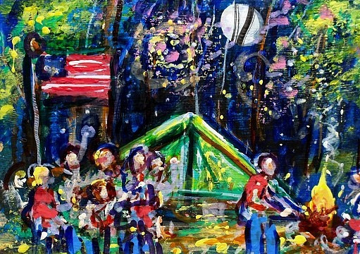 ORIGINAL ACEO Painting FIREWORKS 4th July Camping Fire People USA Flag ATC ART
