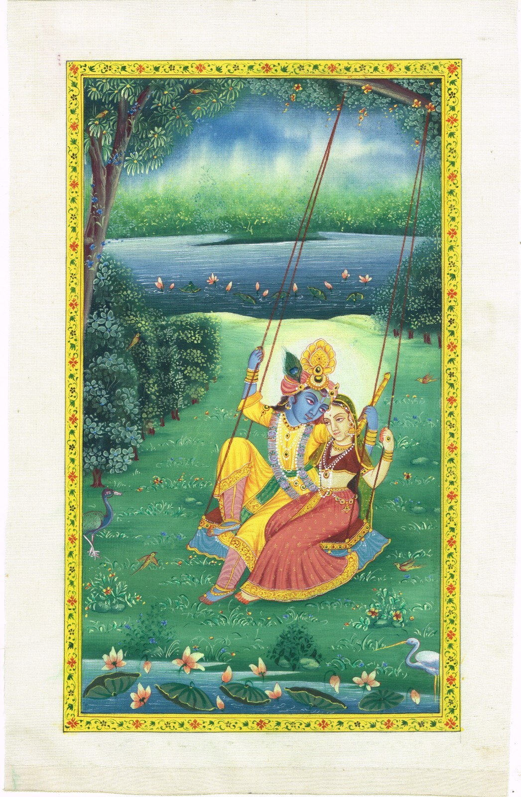 Indian Love Scene Painting Of Radha Krishna Swinging Art On Silk Cloth 7×11 Inch