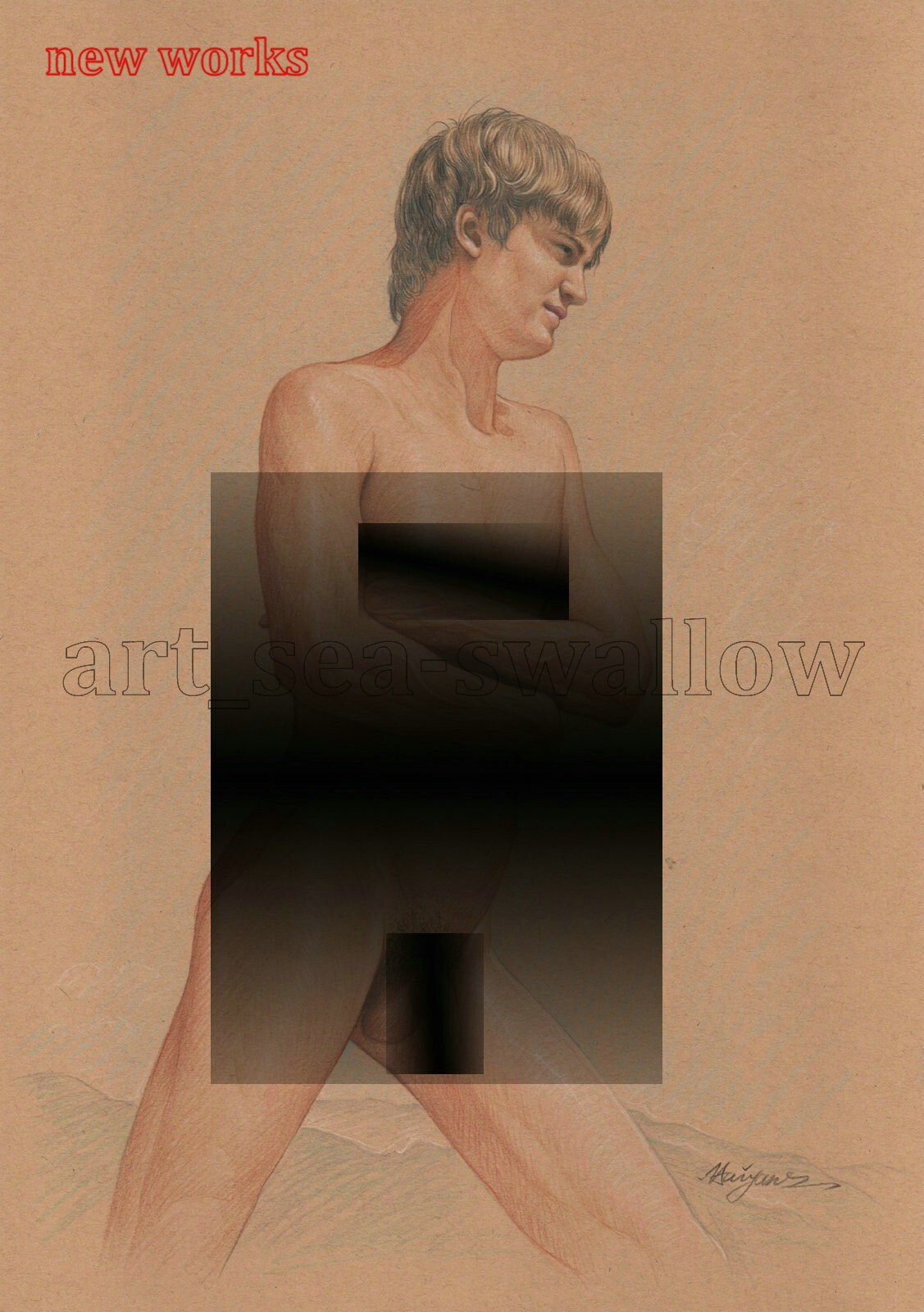 Original drawing A4 Art Colored Pencil painting male model on kraft paper new188
