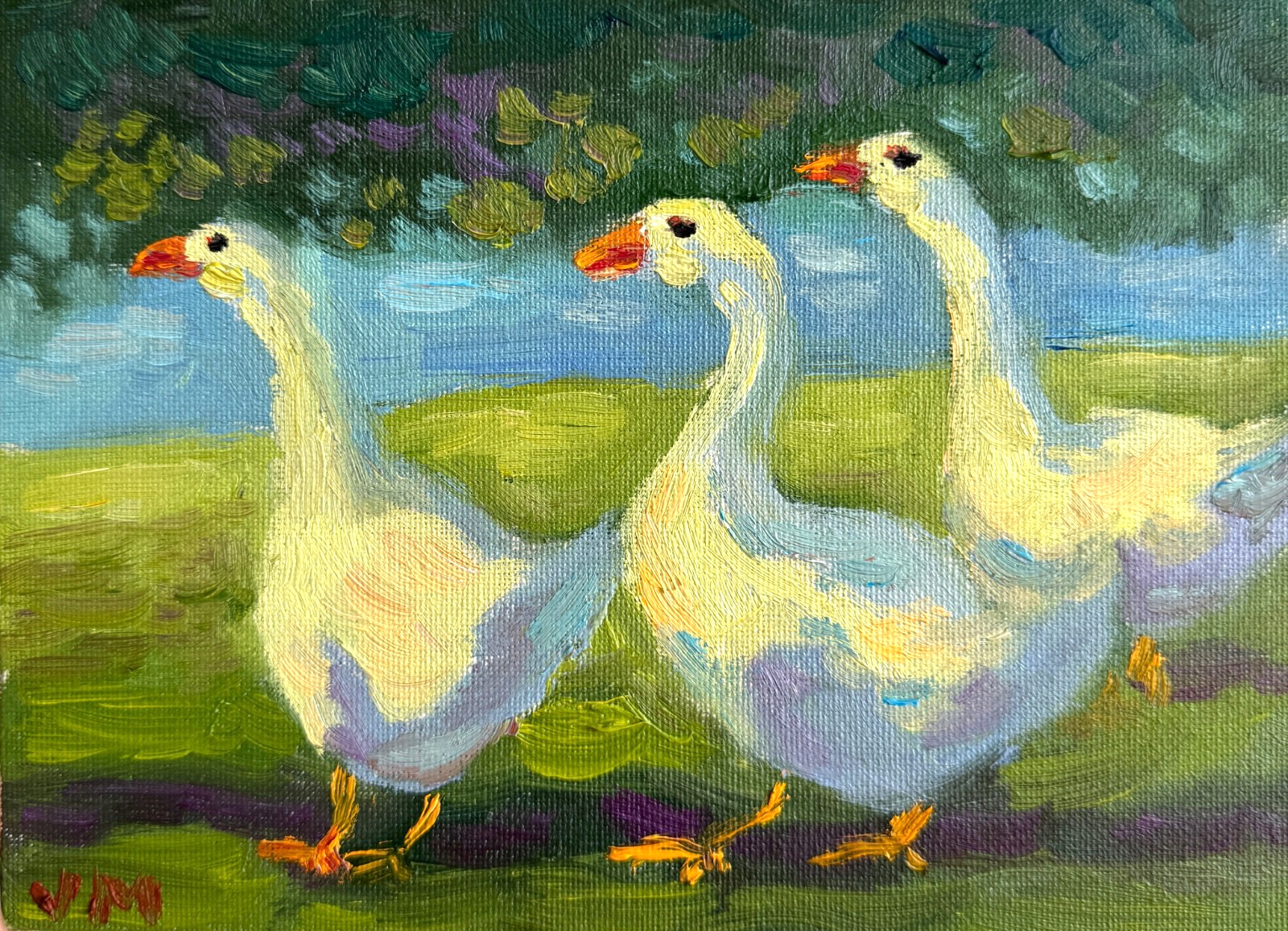 Duck Original Oil Painting Landscape Bird Impressionism Animal Farm Art Signed