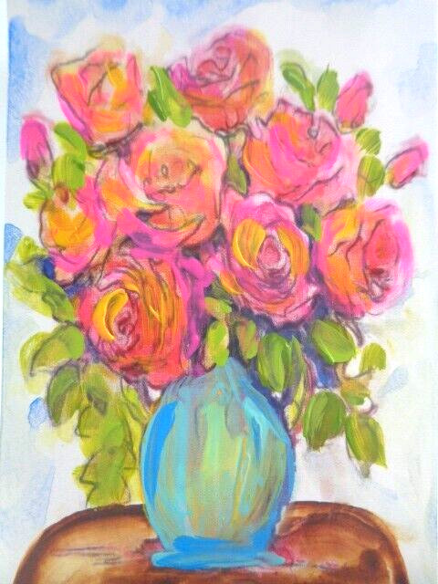 ACEO – BIG YELLOW & PINK ROSES FLOWERS IN A VASE Still Life Painting