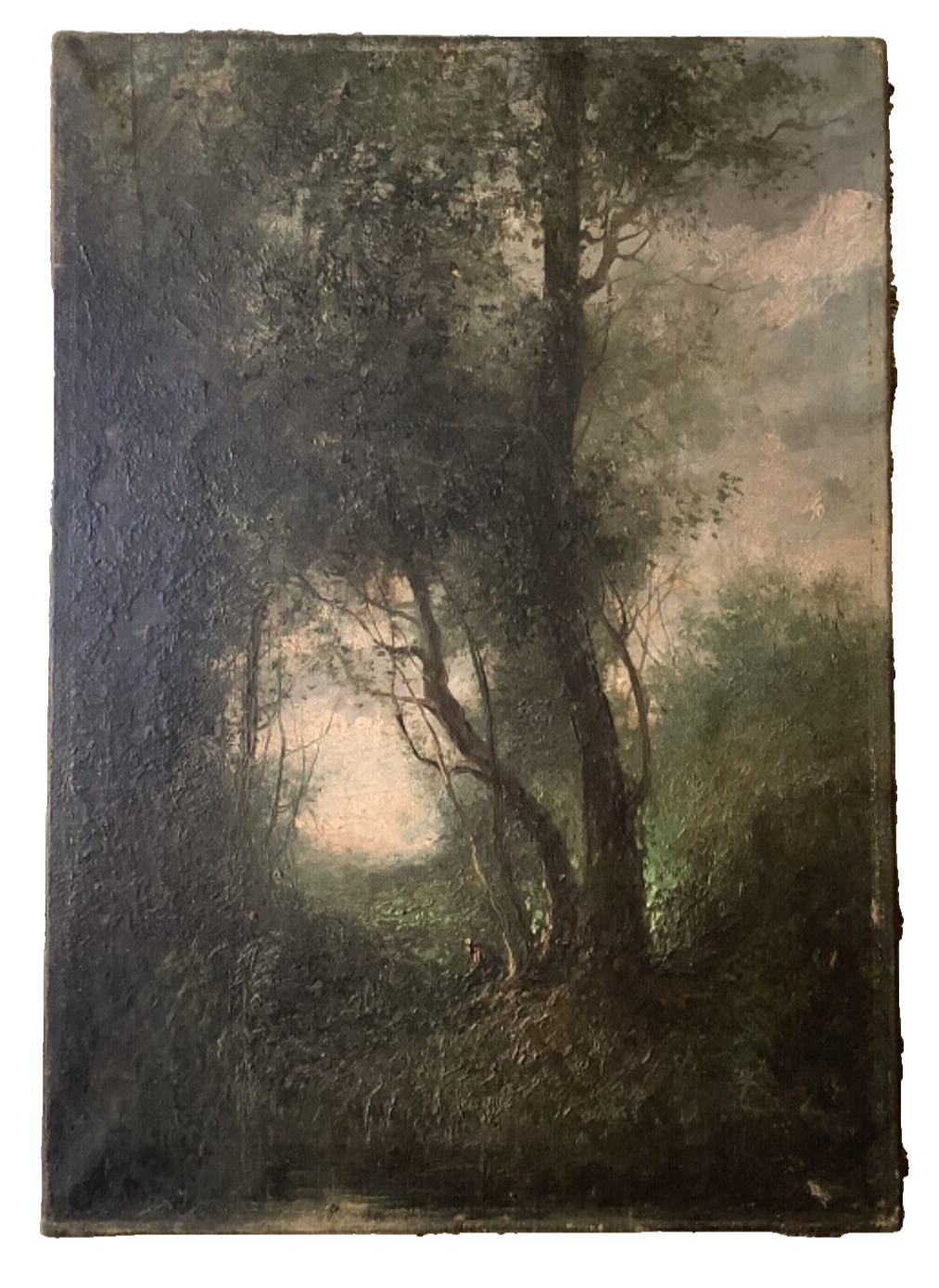 CAMILLE COROT SCHOOL – ANTIQUE FRENCH OIL 1860’s – WOMAN UNDER A TREE AT SUNSET