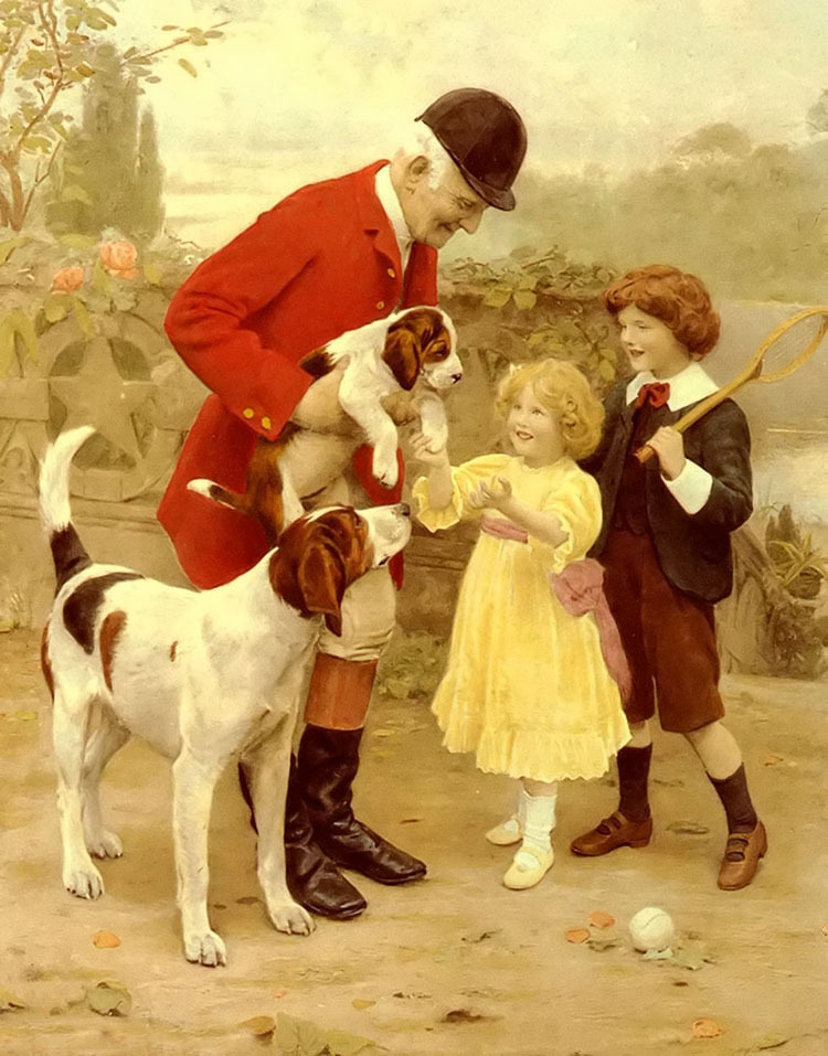 Ｏｉｌ　ｐａｉｎｔｉｎｇ arthur john elsley – the huntsmans pet children with dog old man