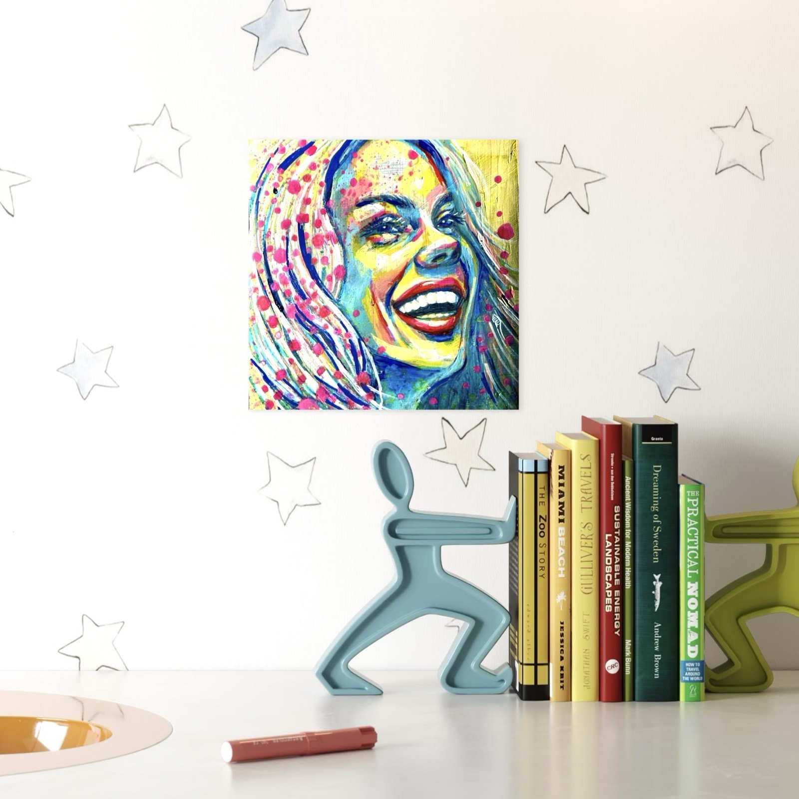 ORIGINAL Portrait Woman Colorful Acrylic Oil Chalk Art Painting