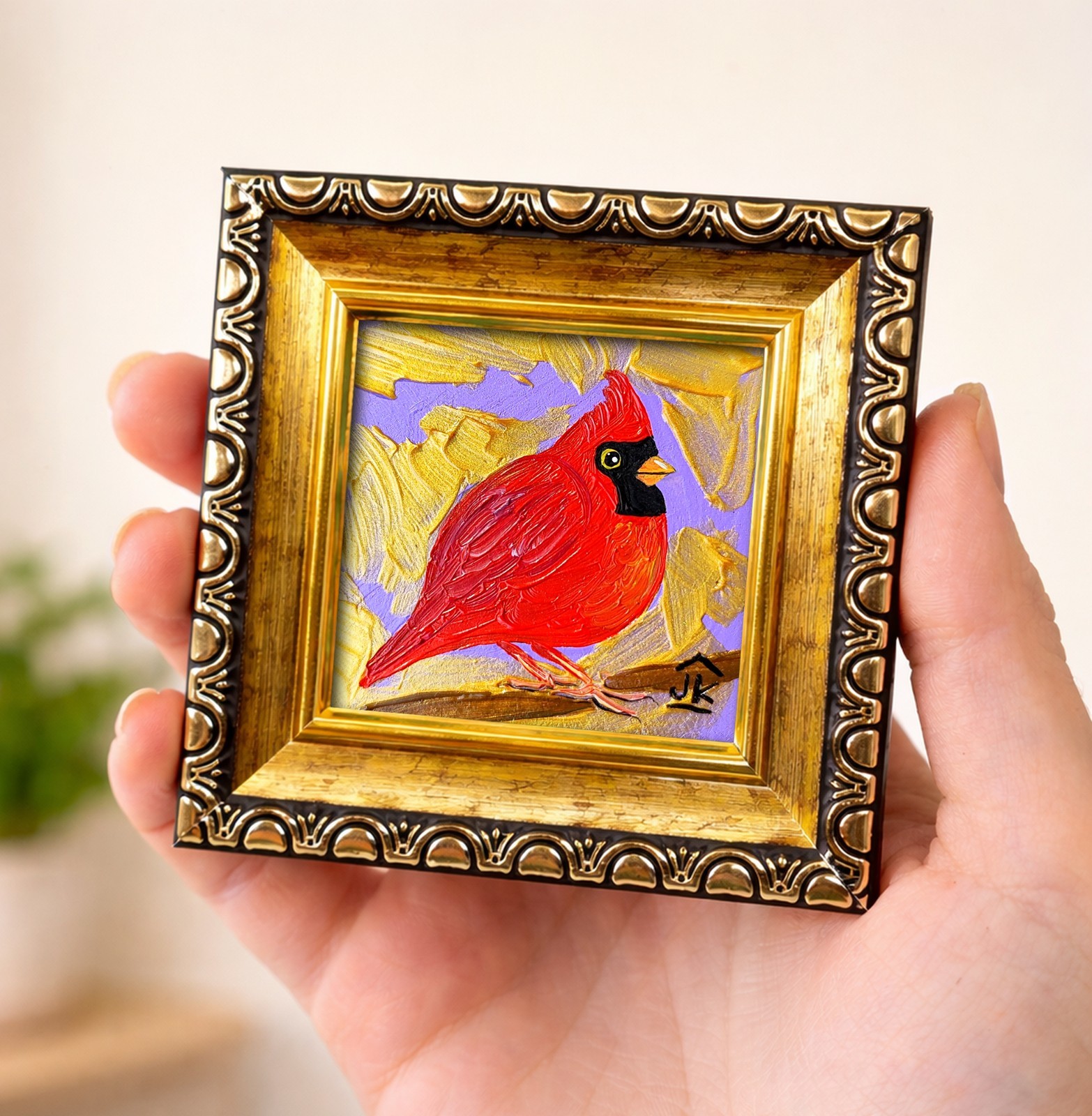 Red Cardinal Mini Oil Painting, Original Framed Bird Art, Bird Lover Gift