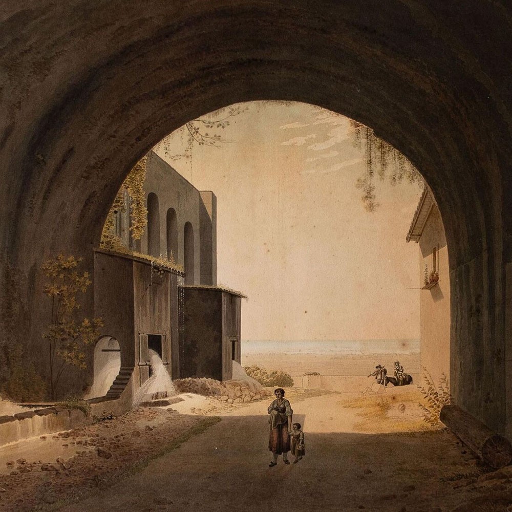 Unique Tivoli Sanctuary of Hercules Victor Architecture Unsigned Watercolor 1833