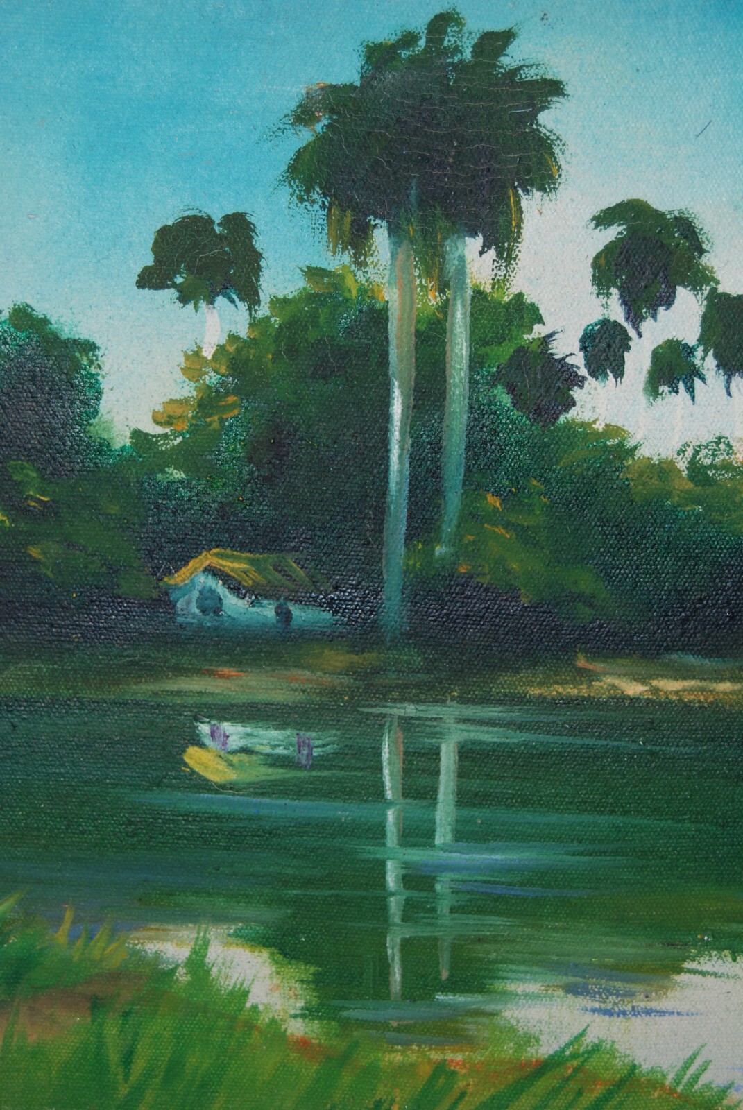 FRAMED SIGNED OIL PALMS AND HUT (BOHIO) A CUBAN COUNTRY SCENE ARTIST: CASTRILLON
