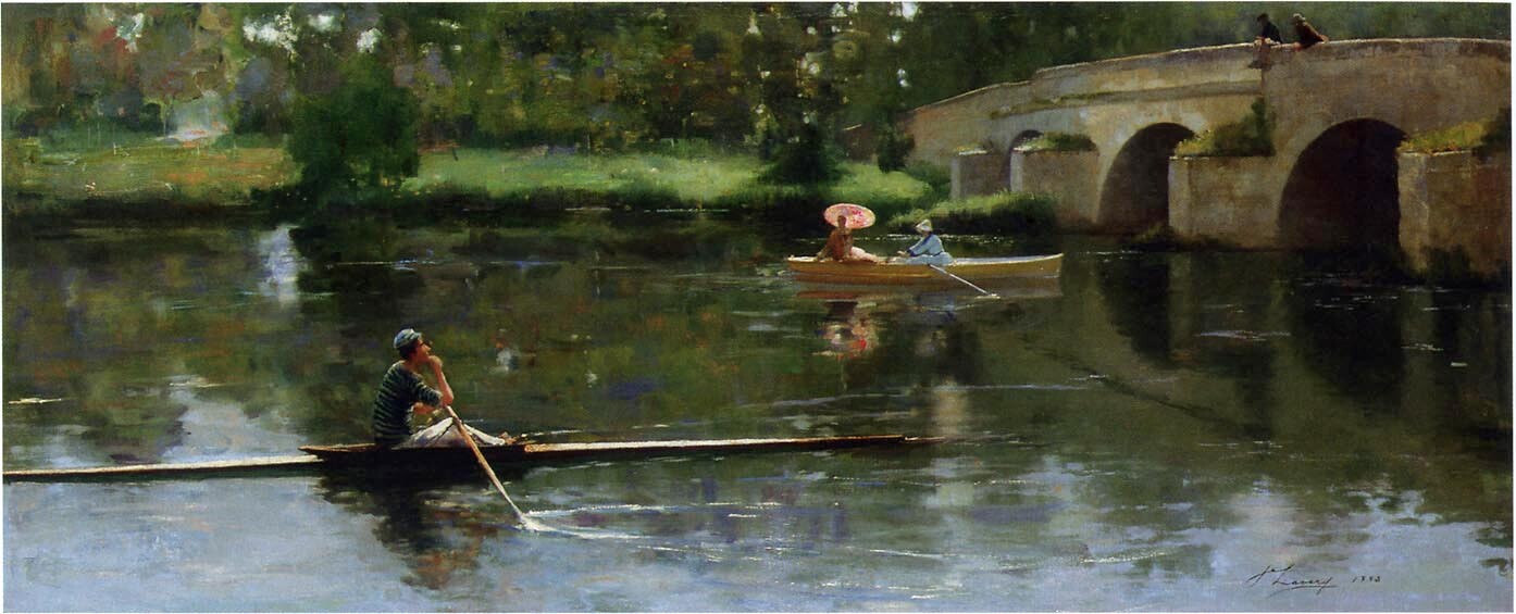Oil painting boating portrait canoe landscape Bridge-at-Grez-Sir-John-Lavery 48″