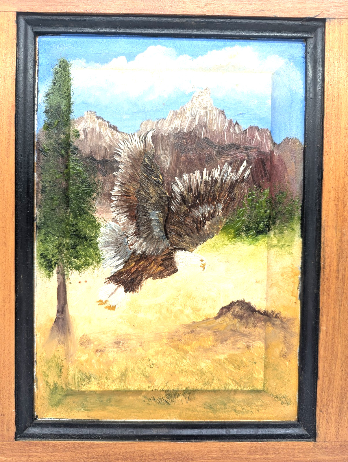 Original Hand-Painted Bald Eagle Oil on Vintage Cabinet Door Rustic Southwest