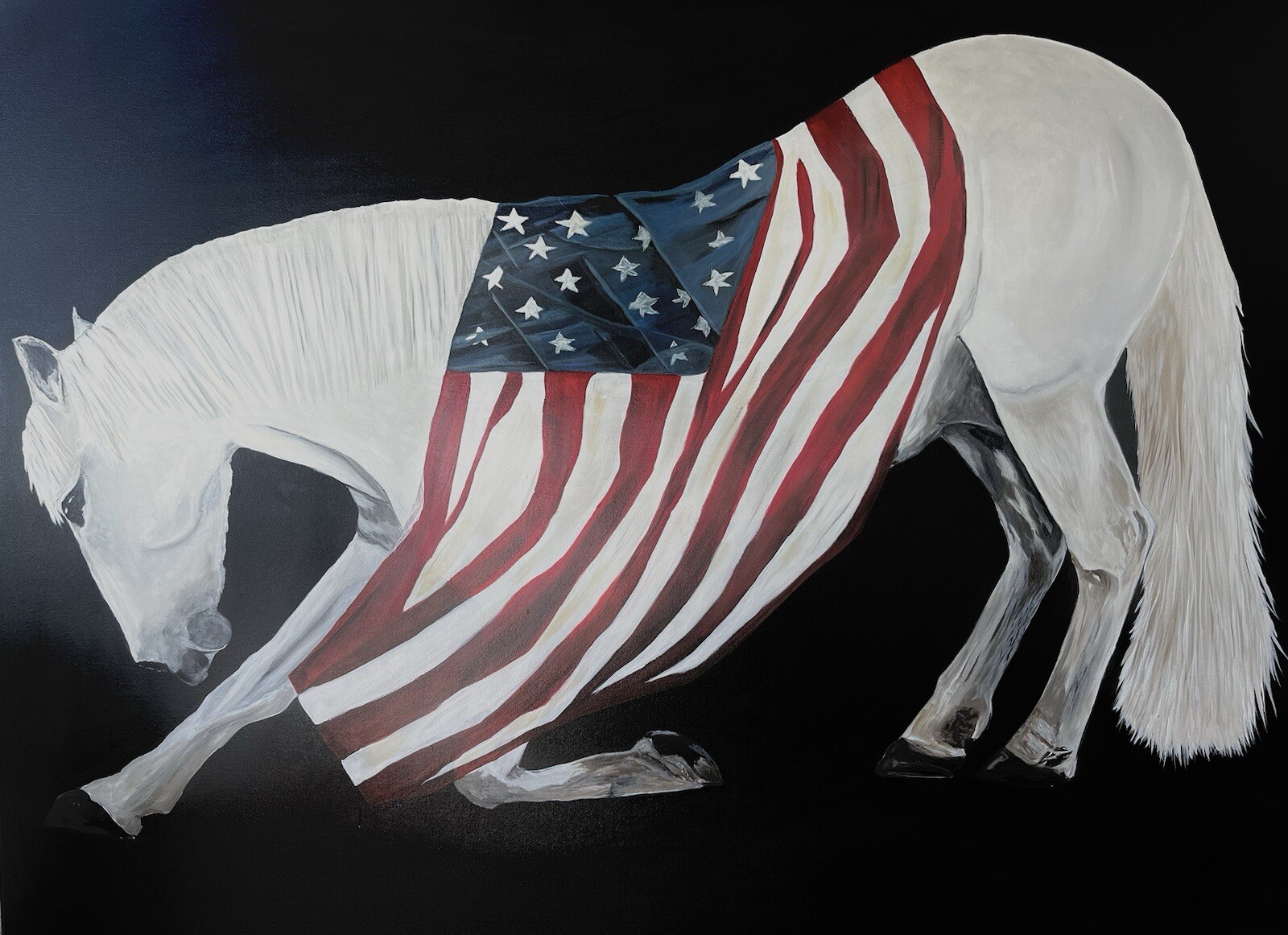 Bowing White Horse W Flag Painting On Canvas By Arkansas Artist Leah j Smith