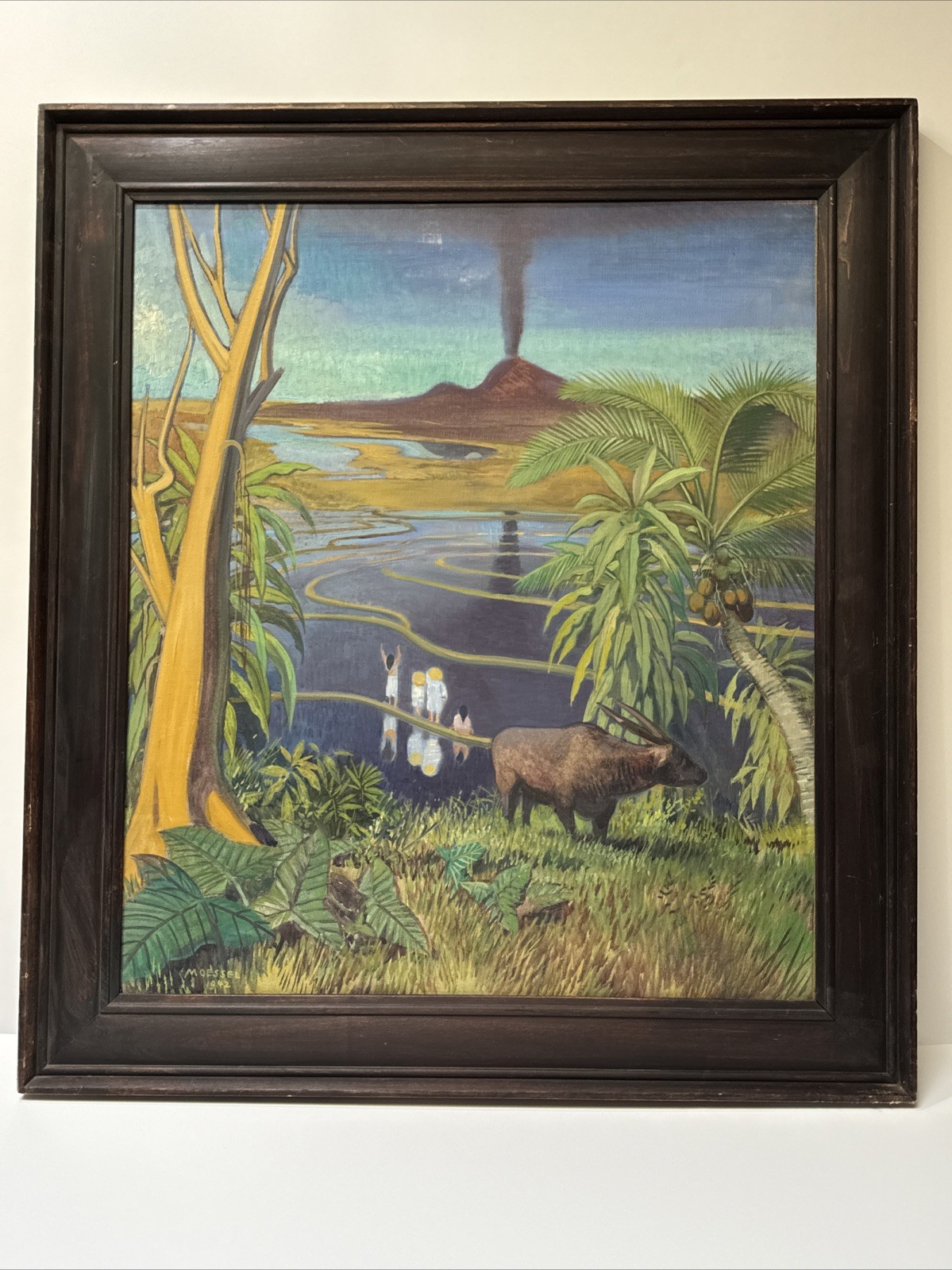 JULIUS MOESSEL PAINTING LARGE TROPICAL LANDSCAPE VOLCANO ERUPTION FAMOUS 1940’S