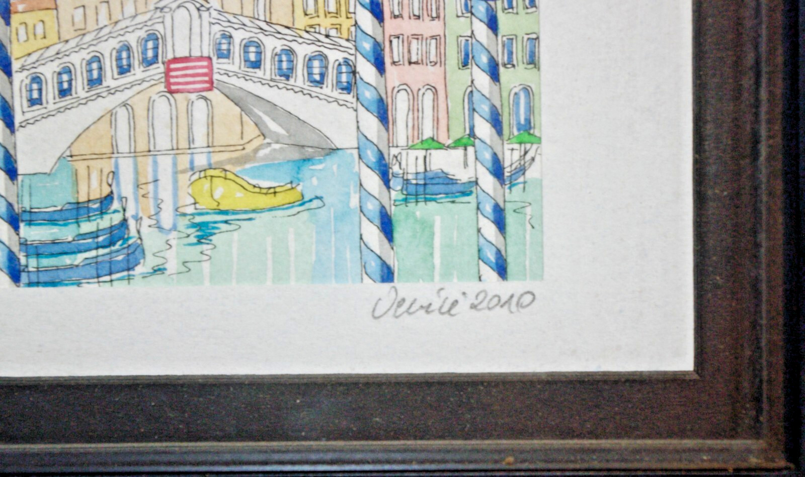 Original Watercolor- Signed Framed- Venice Italy- 2010 Piccola Rialto Bridge