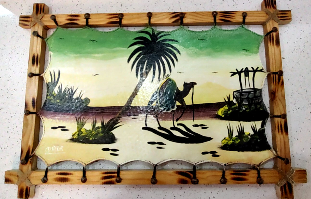 Camel Oasis Desert Oil Painting on Stretched Leather HIde Wood Frame 19″x28″