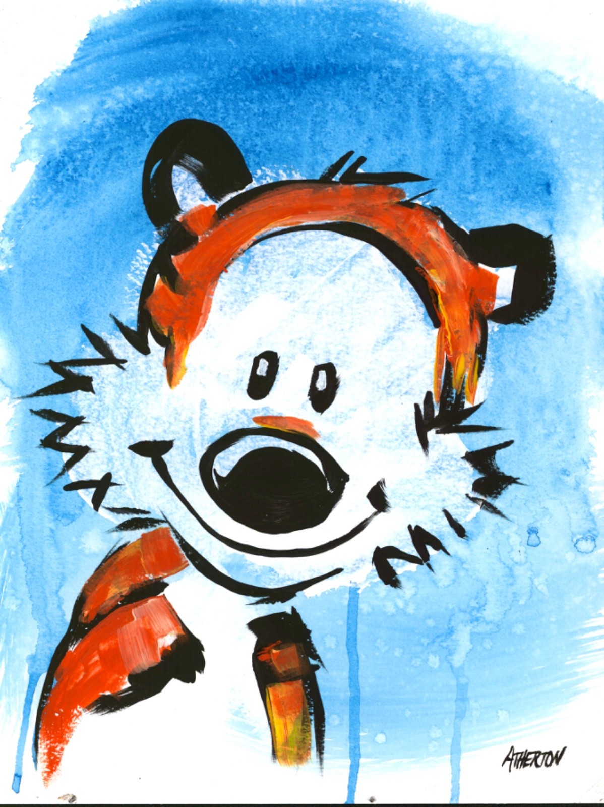 Original 9×12 Hobbes Inspired Tiger Painting Cartoon Pop Art Whimsical Acrylic