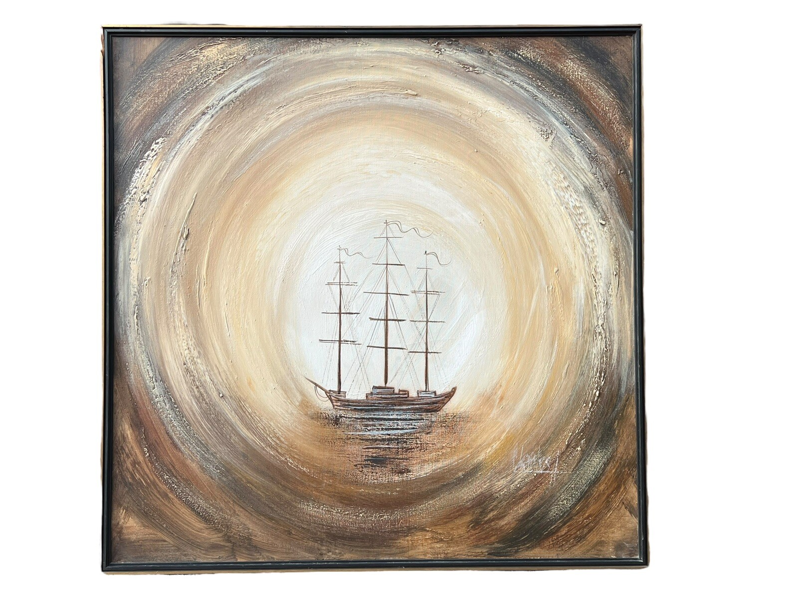Vtg Mid Century Large Theodore J Keane Signed Oil Painting Foggy Ship 37″x37″