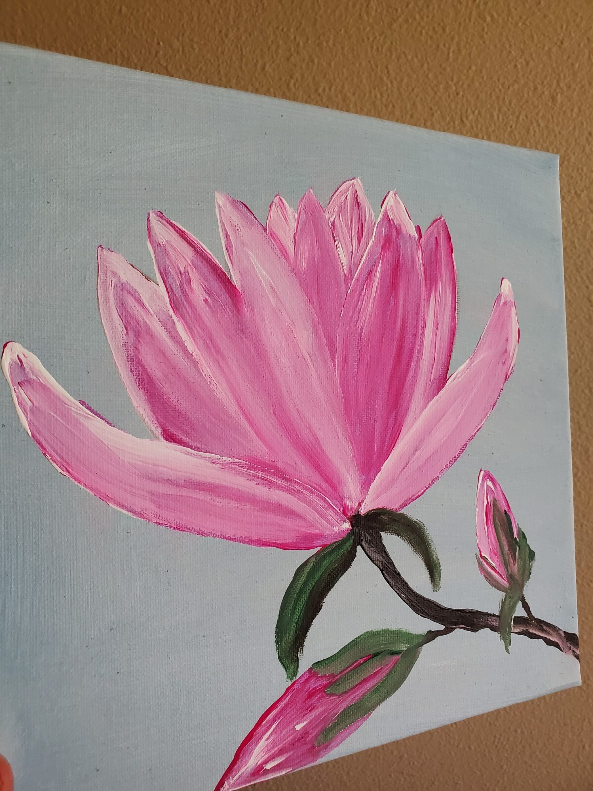 Handmade Acrylic Painting Wooden Frame 10×10 Art Decor Flowers Magnolia Pink