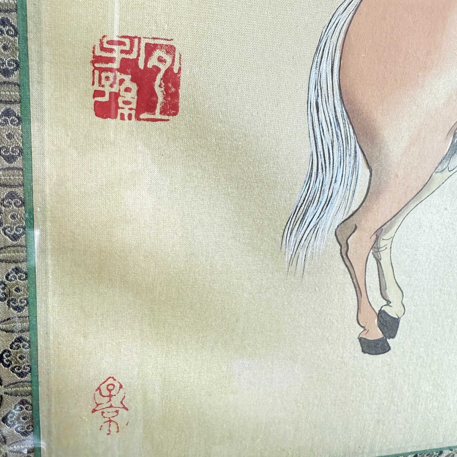 Vintage Asian Chinese horse & man seals silk painting framed 27″ x 21″ overall