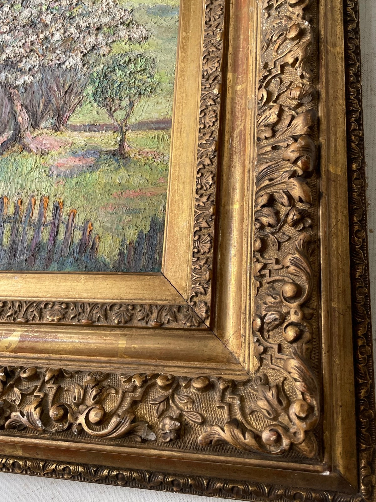 Antique Impressionist Oil Painting Panel Manner Pissarro Countryside in Spring