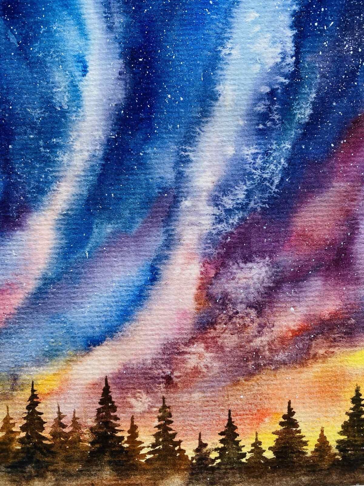 Original watercolor Art Aurora Borealis Painting Northern Lights Art Night Sky