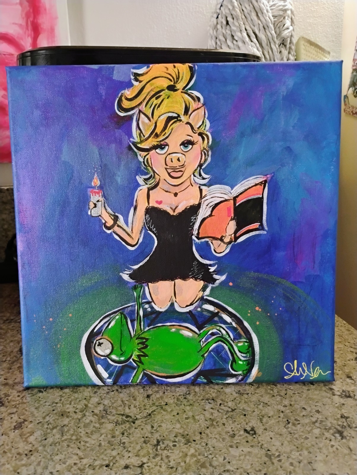 Missy Piggy Kermit Childs play Chucky mash up pop art painting Sacrafice alter