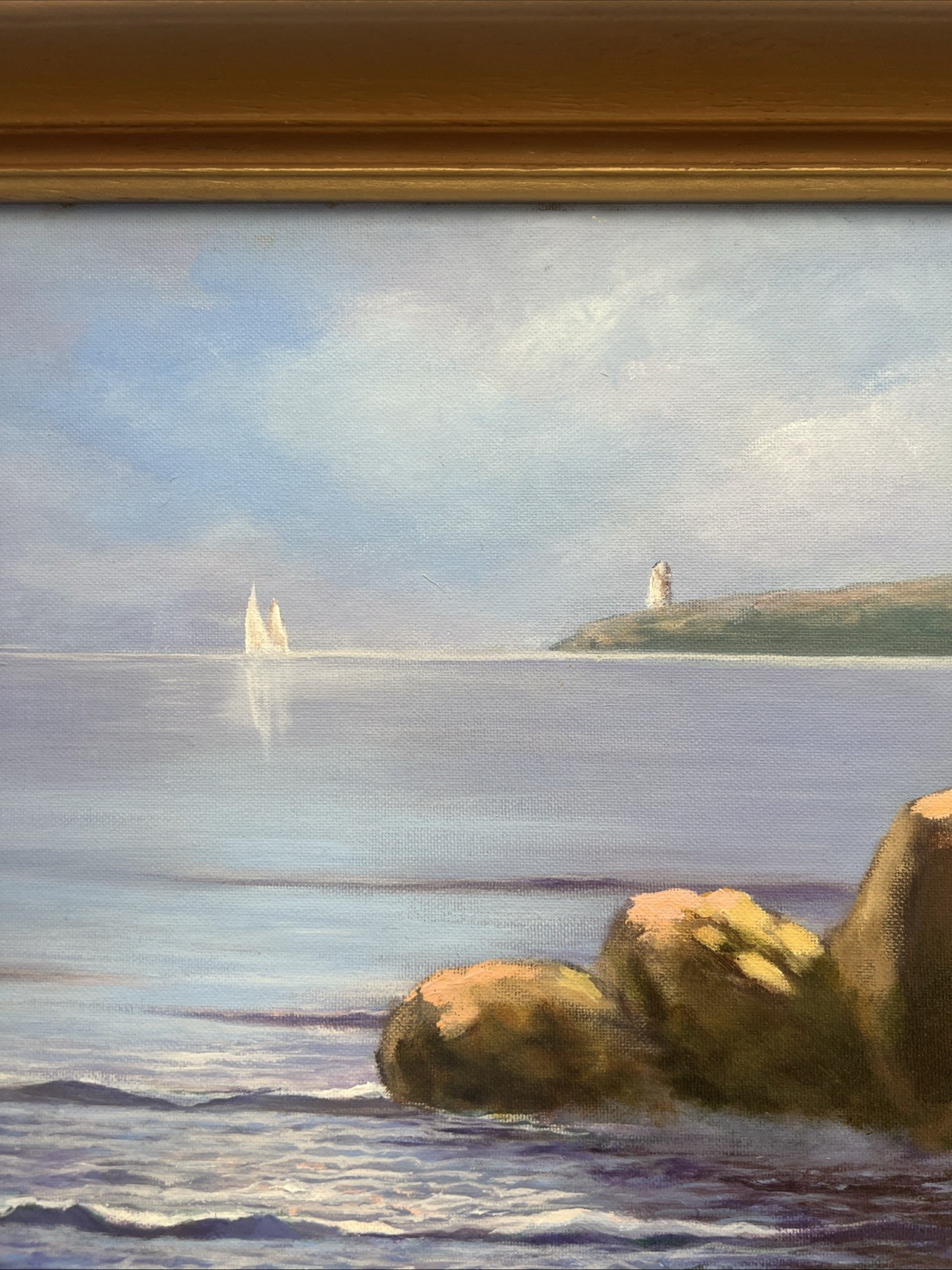 27”x21” Framed Painting Boat Sailing Lighthouse Seashore Rocky Signed Pine