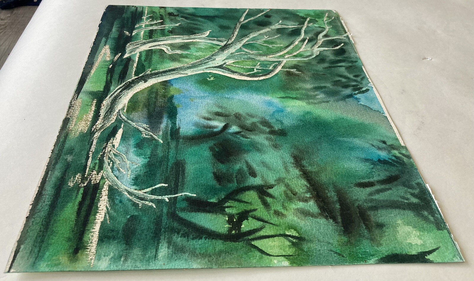 Mid-Century Woodland Watercolor 14″ Fallen Tree 60s Forest Scene National Parks