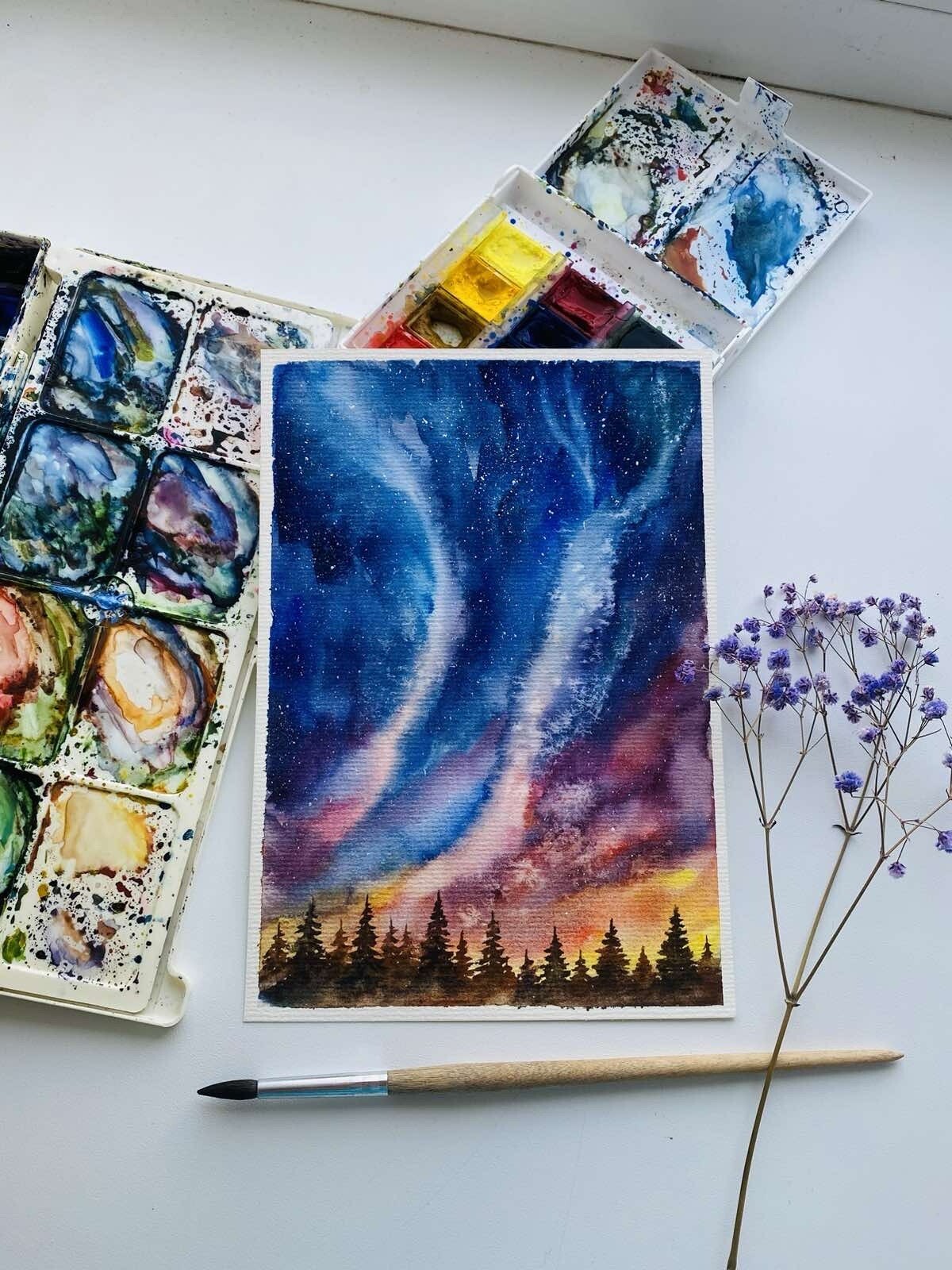 Original watercolor Art Aurora Borealis Painting Northern Lights Art Night Sky
