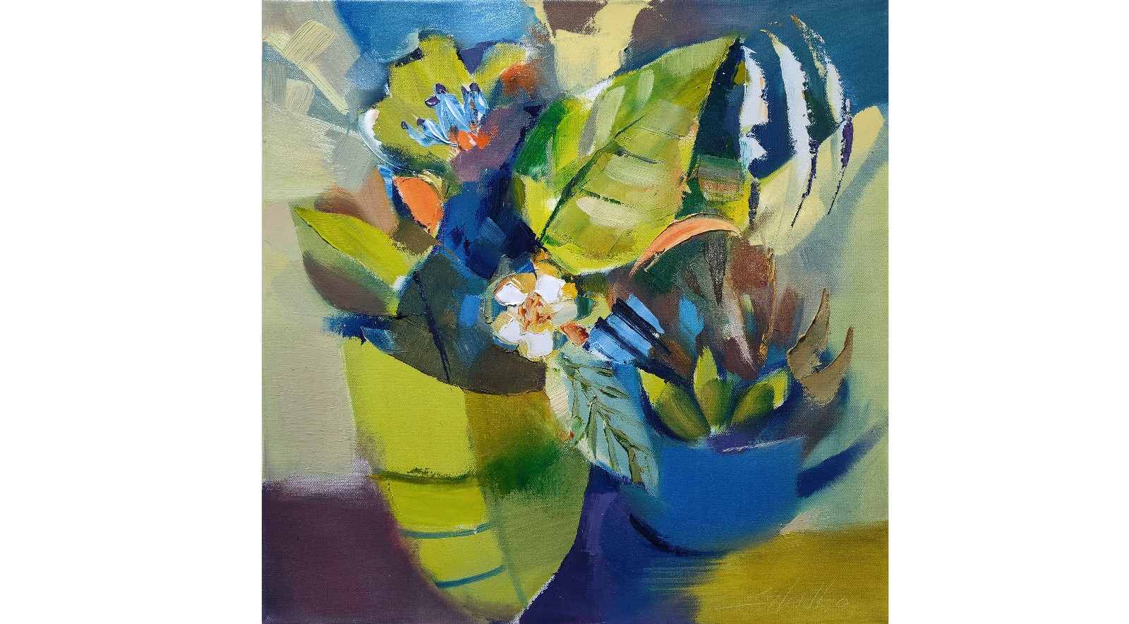 Original oil painting 18″x18″ Contemporary Floral art, Green Blue Decorative Art