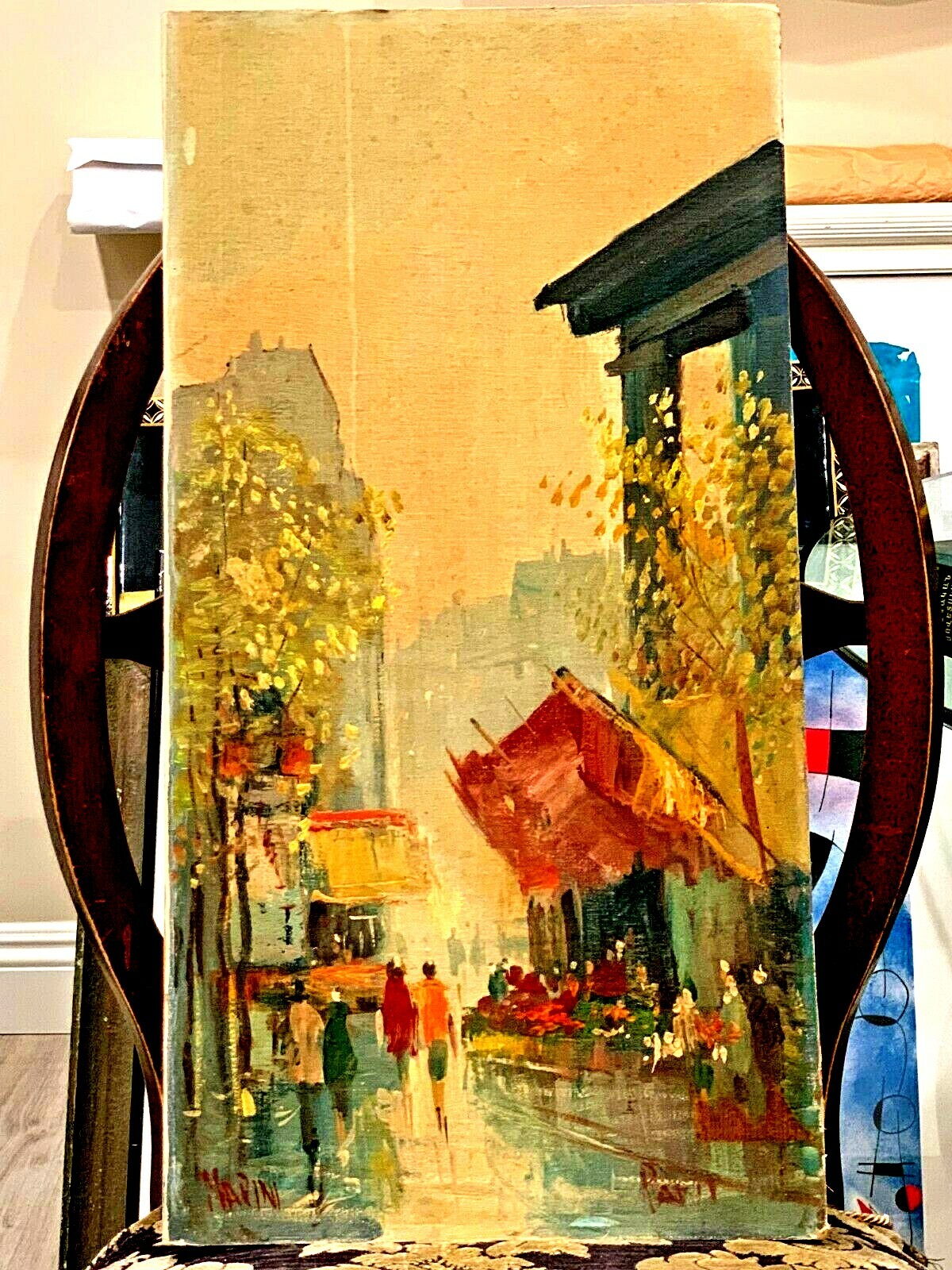 ANTIQUE OIL ON BOARD FRENCH PAINTING CITY STRIDE MARKET SIGNED MARINI