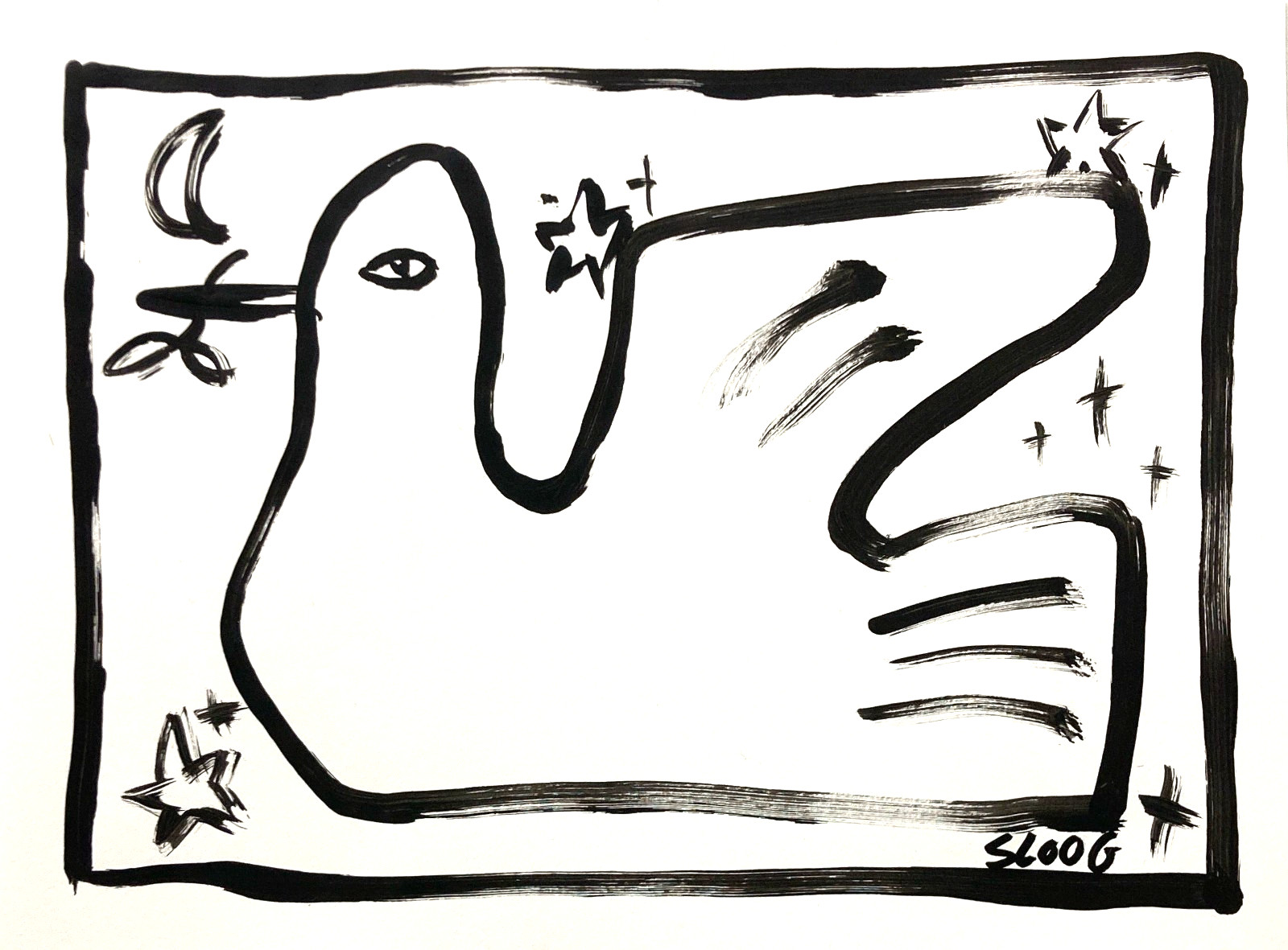 SLOOG Original Art Unique Expressionism Wall Art on Paper 9×12 Peace Dove B&W