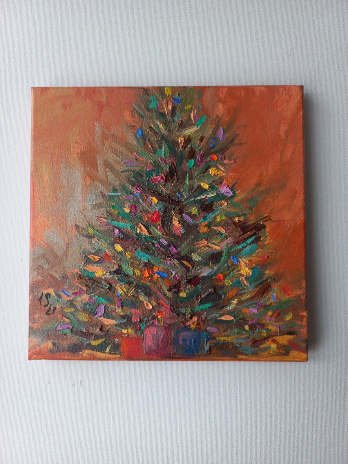 Christmas tree with toys painting, Ukrainian painting, impasto Oil, New Year Wal