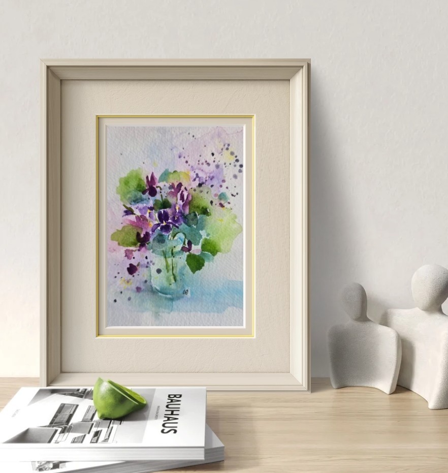 Original Signed Watercolor. Violets. Purple Flowers. Woodland. Moss.