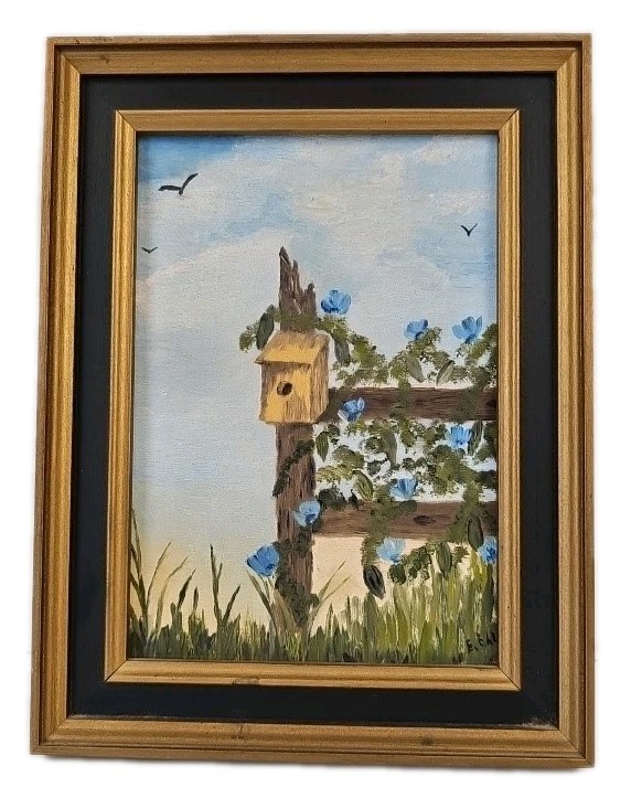 Vtg Original Oil Acrylic Painting Homestead Scene Birdhouse Blue Flowers Vines