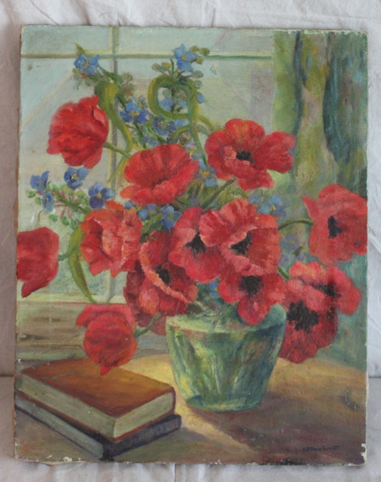 VINTAGE IMPRESSIONIST OIL PAINTING FLORAL RED GERANIUM FOLK ART SIGN GILT FRAME