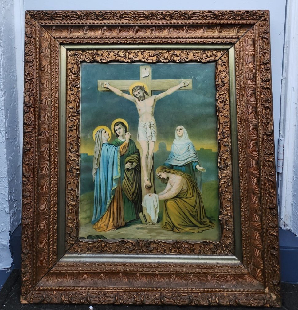 30.5 X 26.5 Wood FRAMED Vintage Print Of Crucifixion