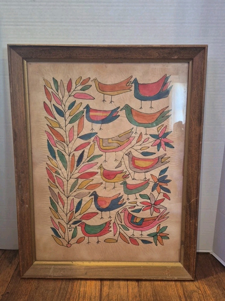 R.Davis «Birds And Trees» Watercolor/Ink Signed Dated 21.5″ X 17″ Framed EUC