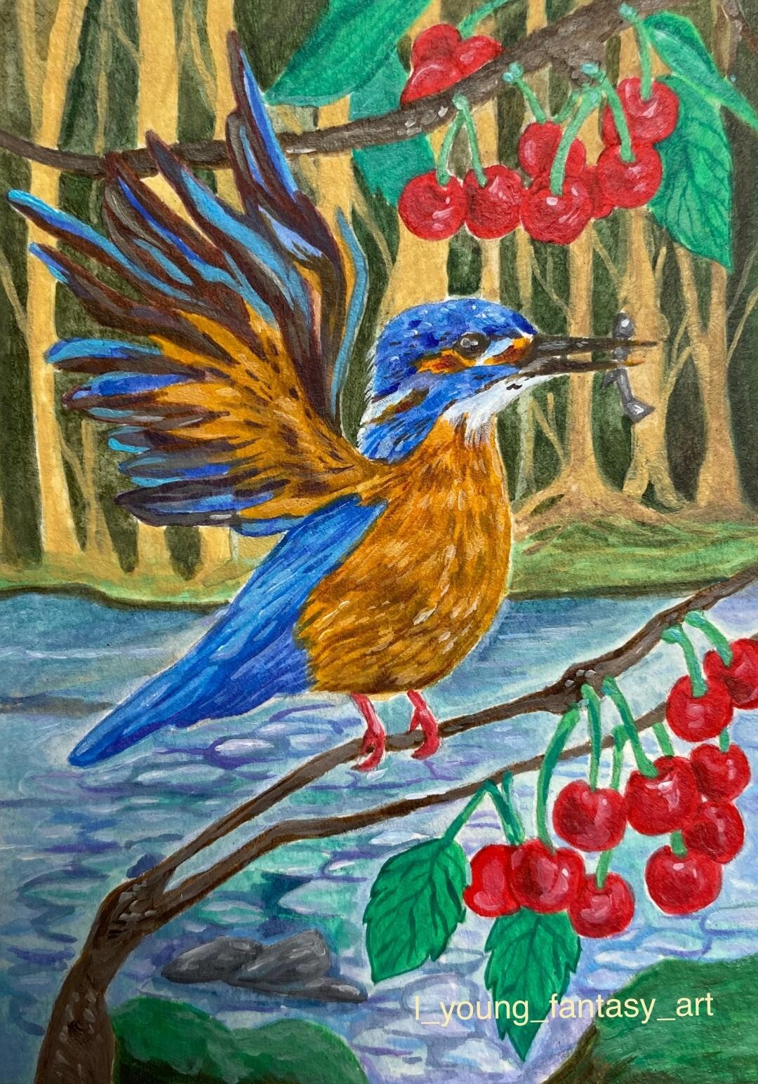 ORIGINAL ACEO KINGFISHER BIRD CHERRY TREE LANDSCAPE PAINTING OOAK ART BY LYOUNG