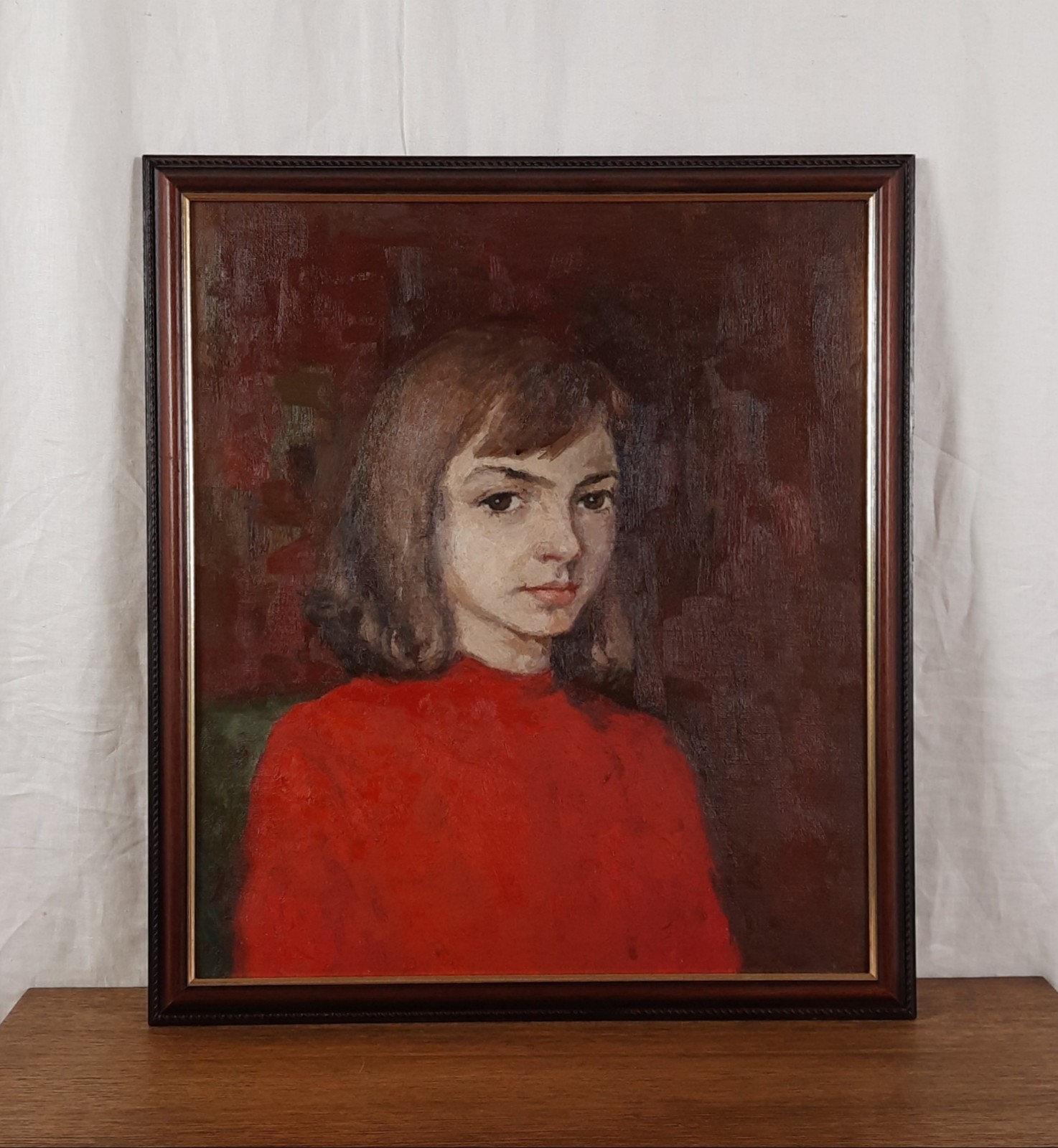 Vintage 1971 Oil Portrait Girl in Red Signed Painting Female Portrait Fedorov