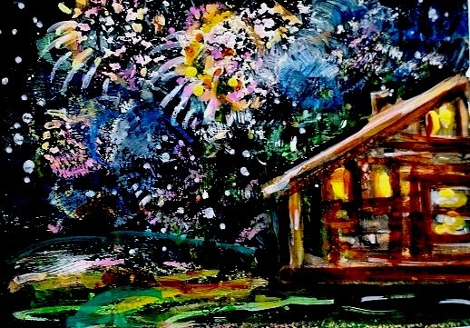 ACEO Original PAINTING Night Sky CABIN Fireworks Stars Nature Landscape ATC ART
