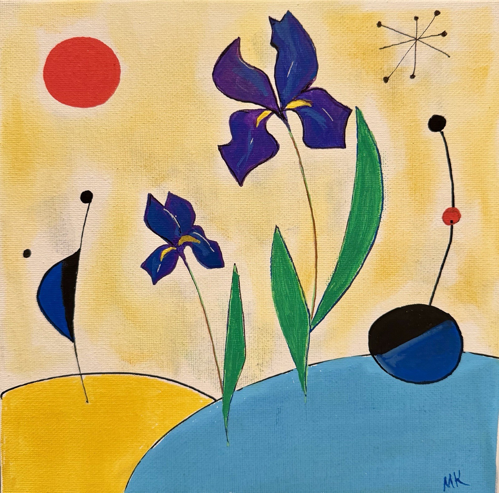 8×8 Original Mixed Media Painting Irises Garden Flower Wall Art Signed Gift