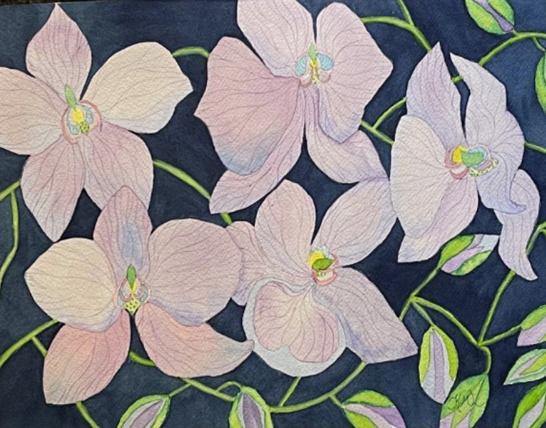 PAINTING WATERCOLOR ORIGINAL ART ORCHID FLOWER PURPLE BLUE PINK 11X14 MAT 16X20