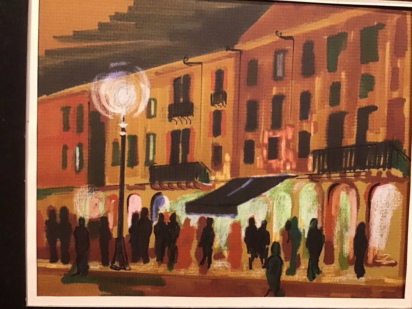 1950s NOCTURNAL CITY STREET SCENE PEOPLE GOING TO THE THEATER SHOPS PAINTING