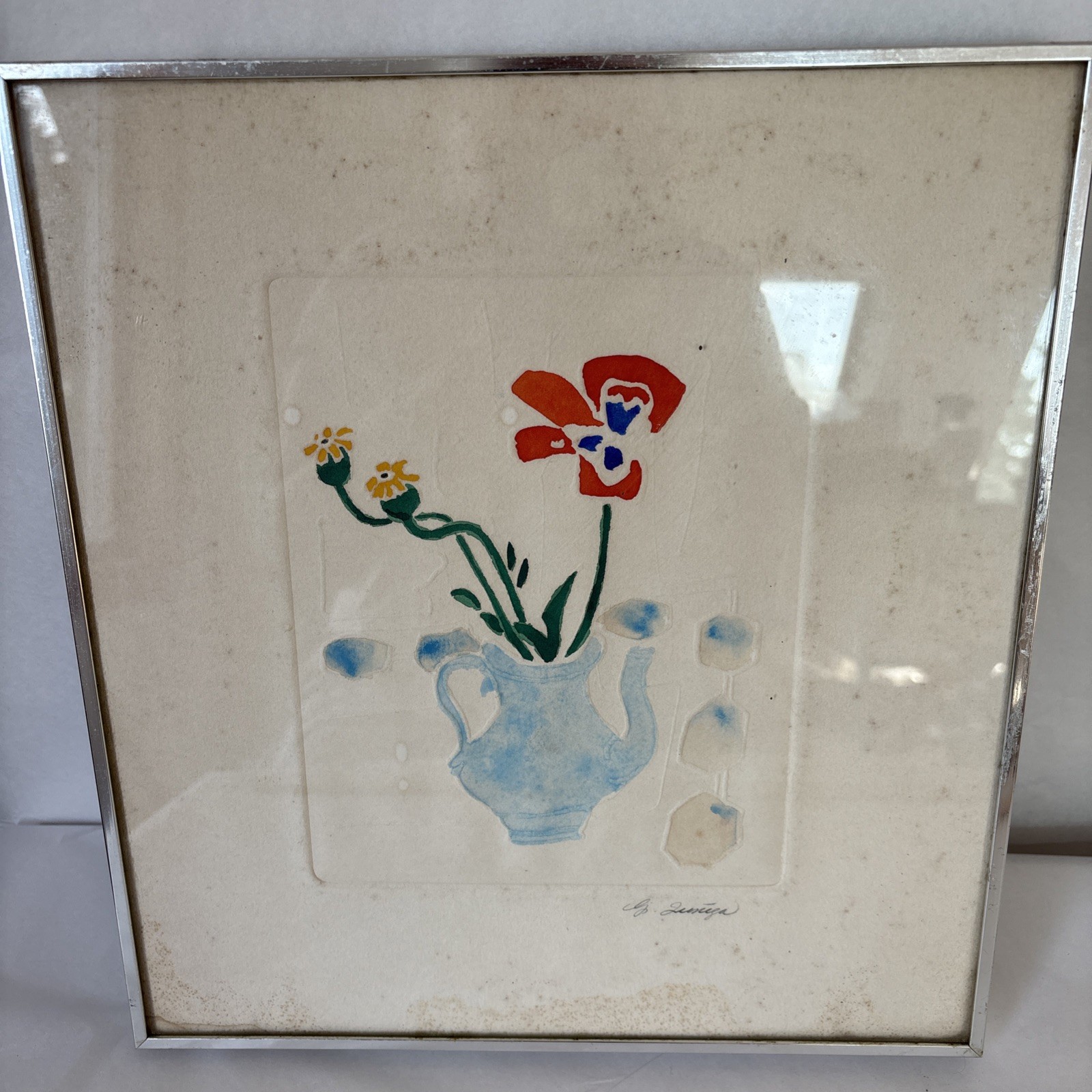 MCM Signed Painting Embossed Blue Teapot Poppy Floral Still Life Framed READ