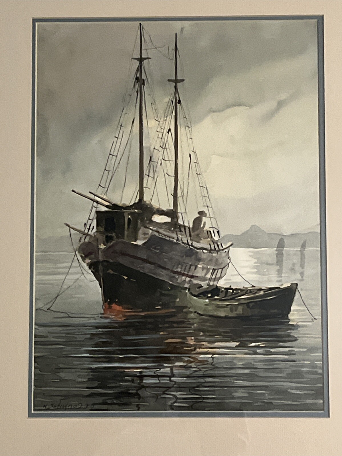 Konstantinos Sofianopoulos Original Watercolor Painting Seascape Framed