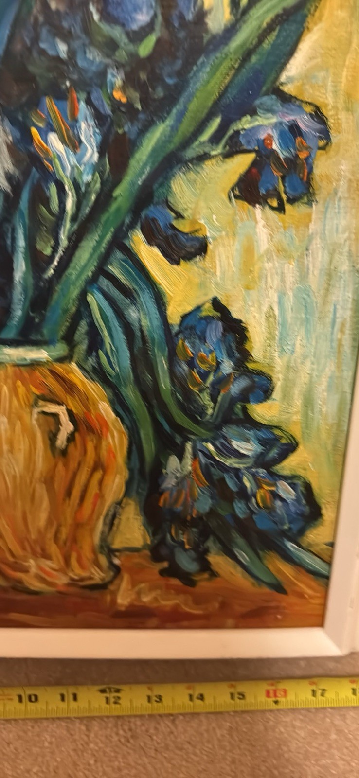 Vase with irises against a yellow backdrop – Original Oil Painting By Geelong